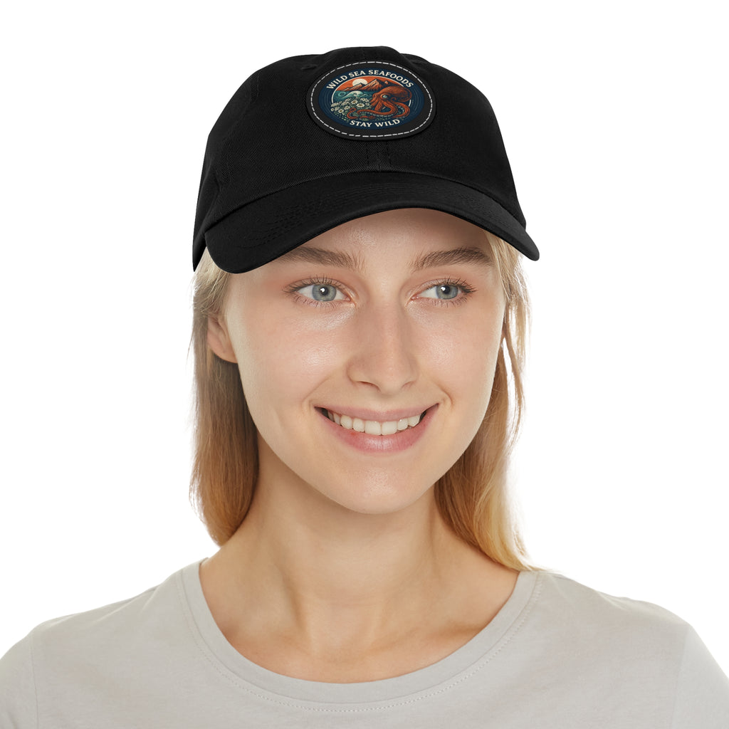 Octopus Leather Patch Dad Hat — "Wild Sea Seafoods" Round Patch Cap