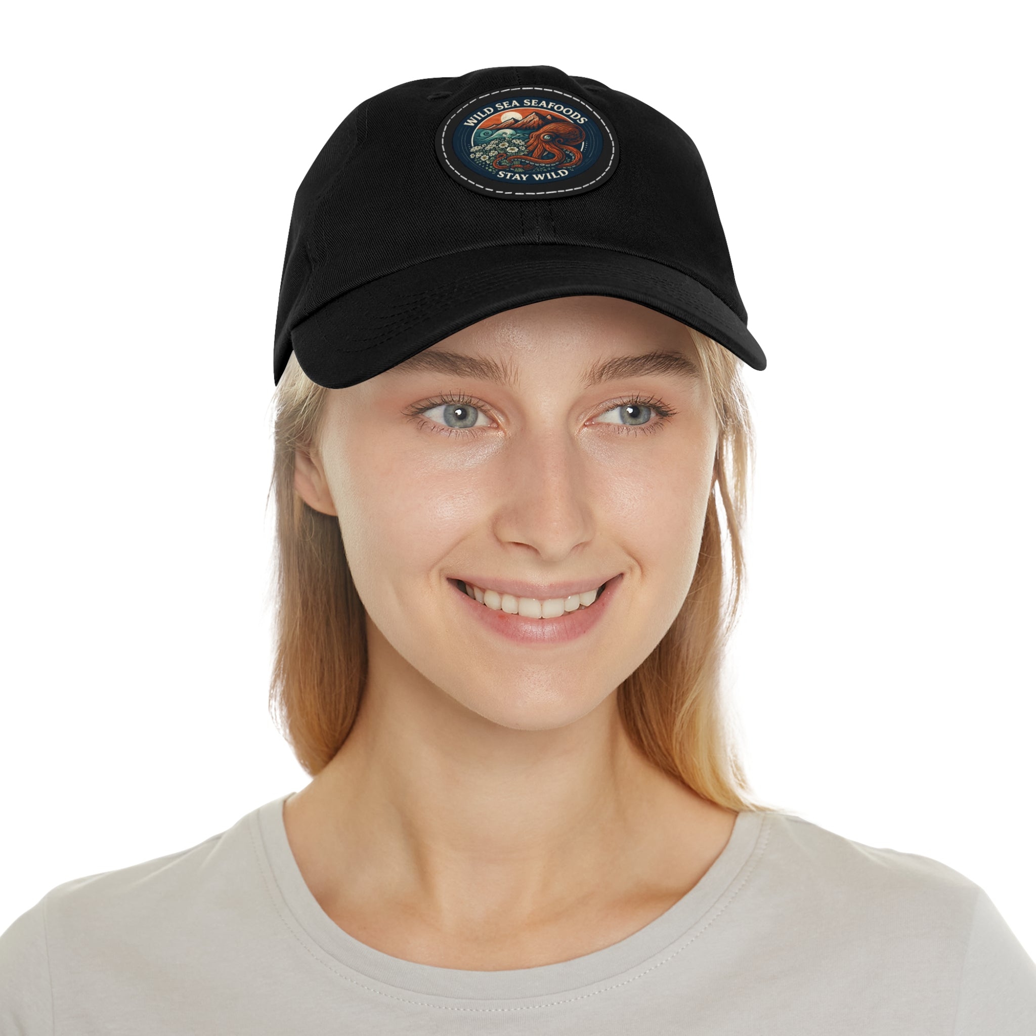 Octopus Leather Patch Dad Hat — "Wild Sea Seafoods" Round Patch Cap