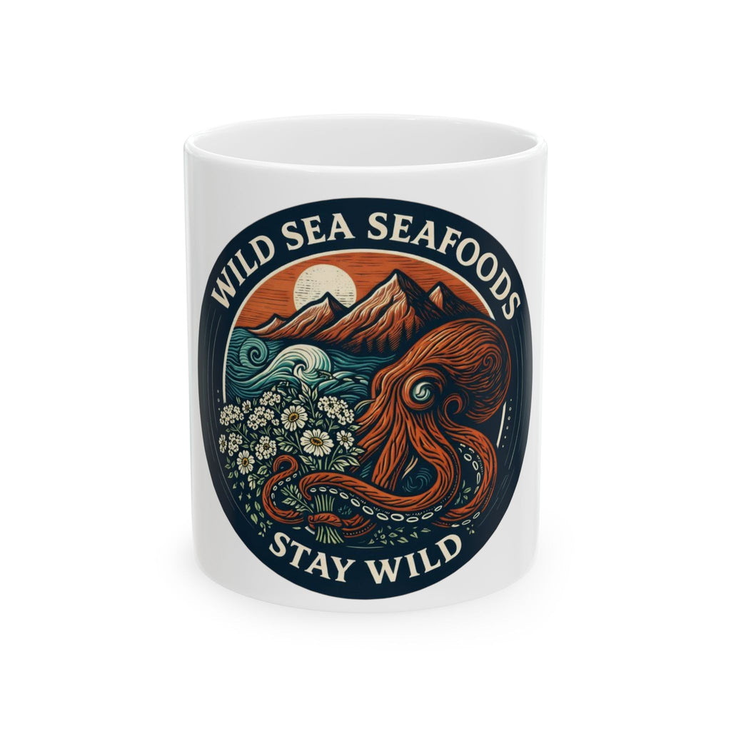 Wild Sea Seafoods "Stay Wild" Ceramic Mug — Octopus Coastal Coffee Cup (11oz/15oz)
