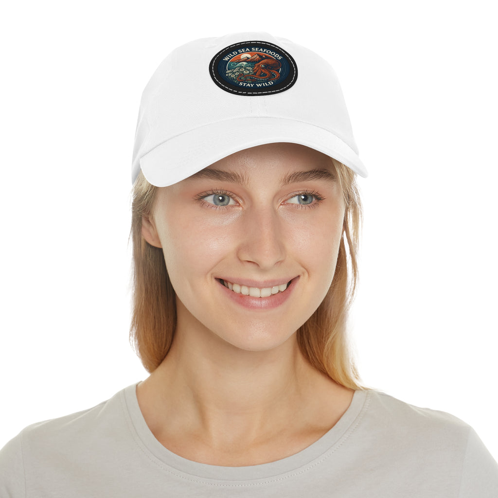 Octopus Leather Patch Dad Hat — "Wild Sea Seafoods" Round Patch Cap