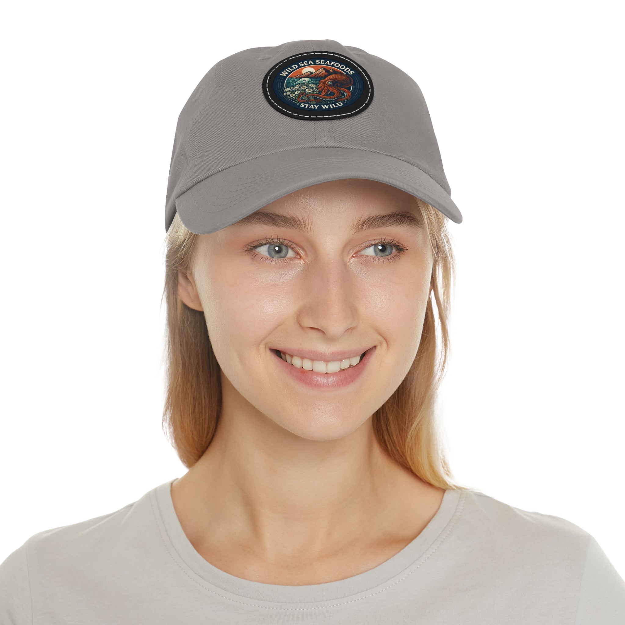 Octopus Leather Patch Dad Hat — "Wild Sea Seafoods" Round Patch Cap