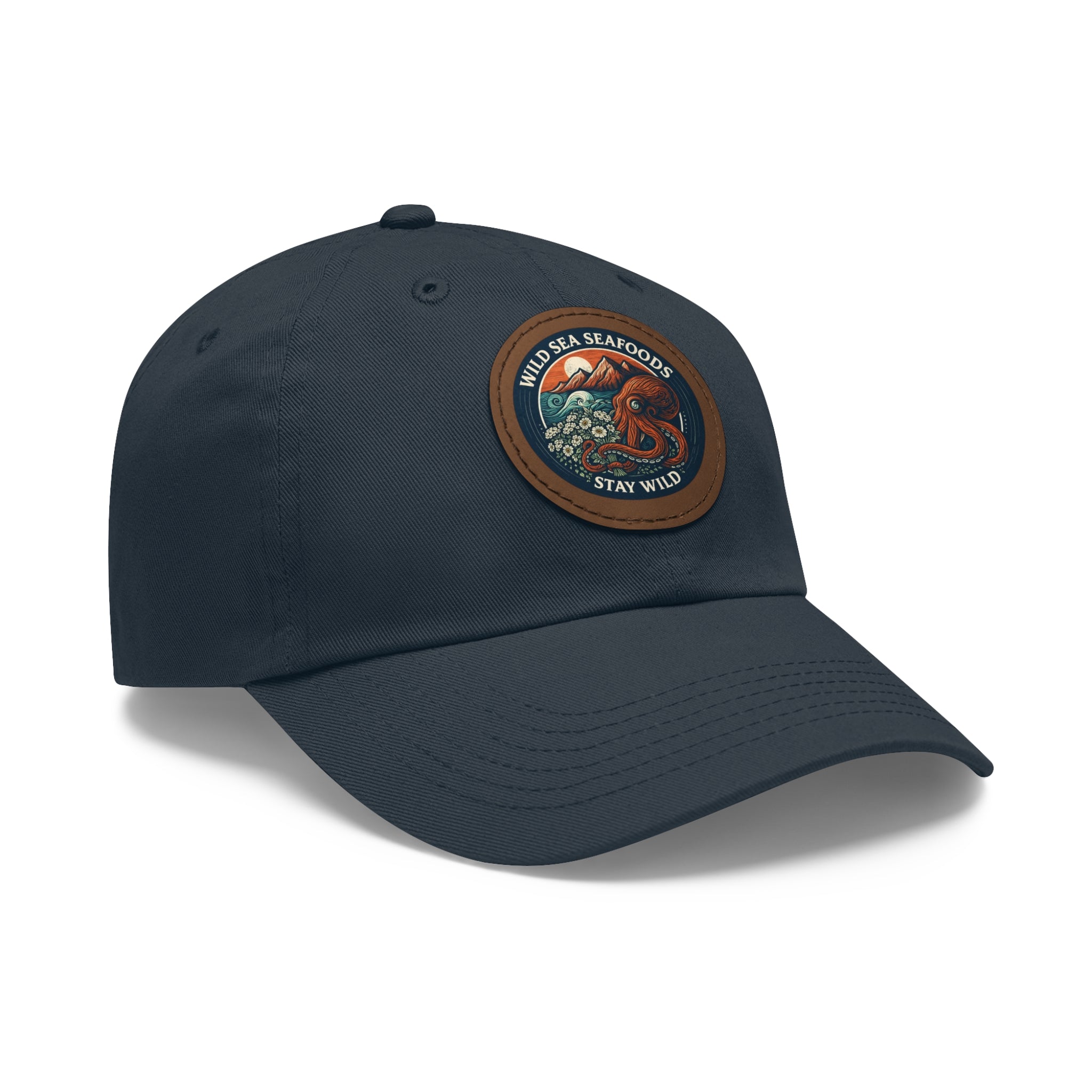 Octopus Leather Patch Dad Hat — "Wild Sea Seafoods" Round Patch Cap