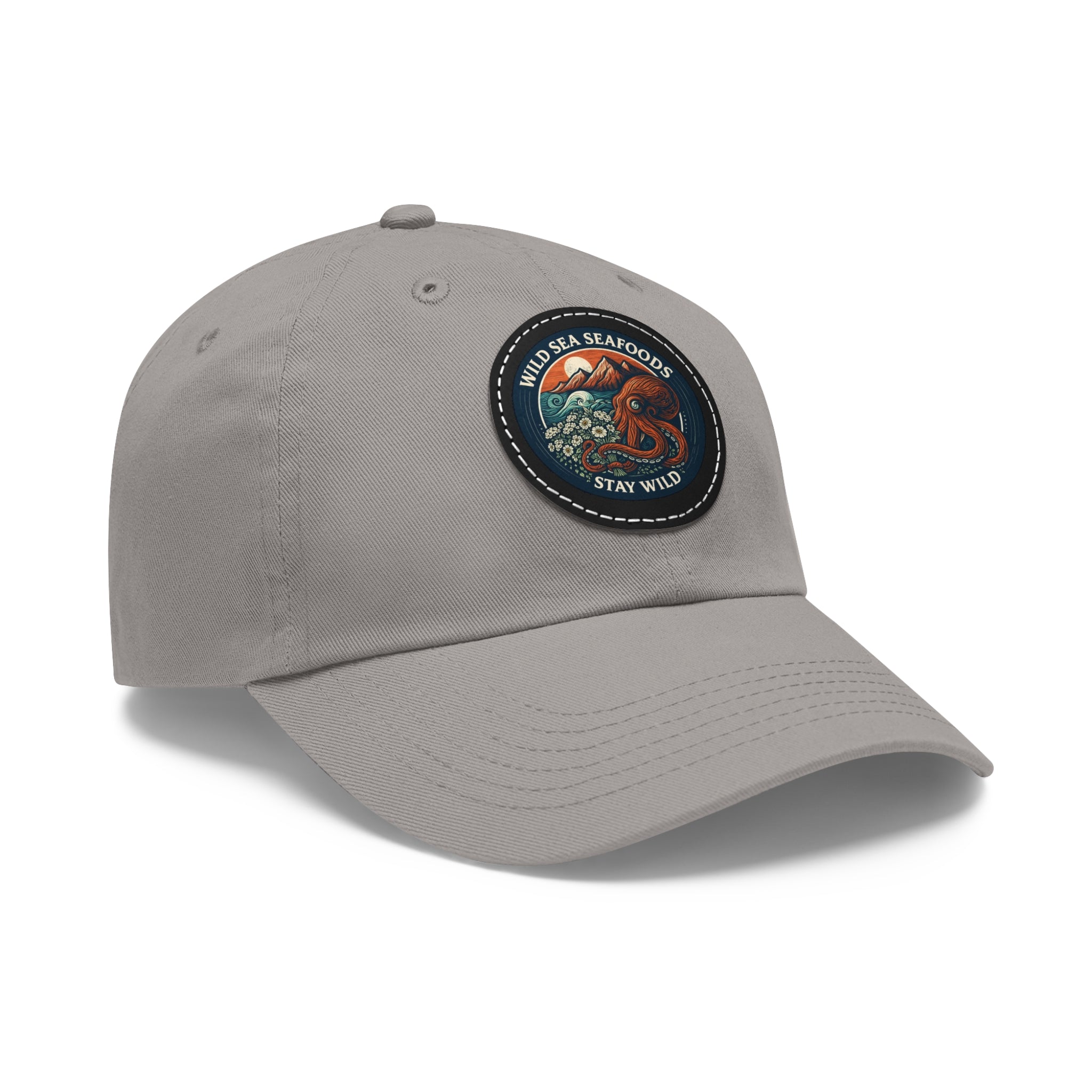 Octopus Leather Patch Dad Hat — "Wild Sea Seafoods" Round Patch Cap