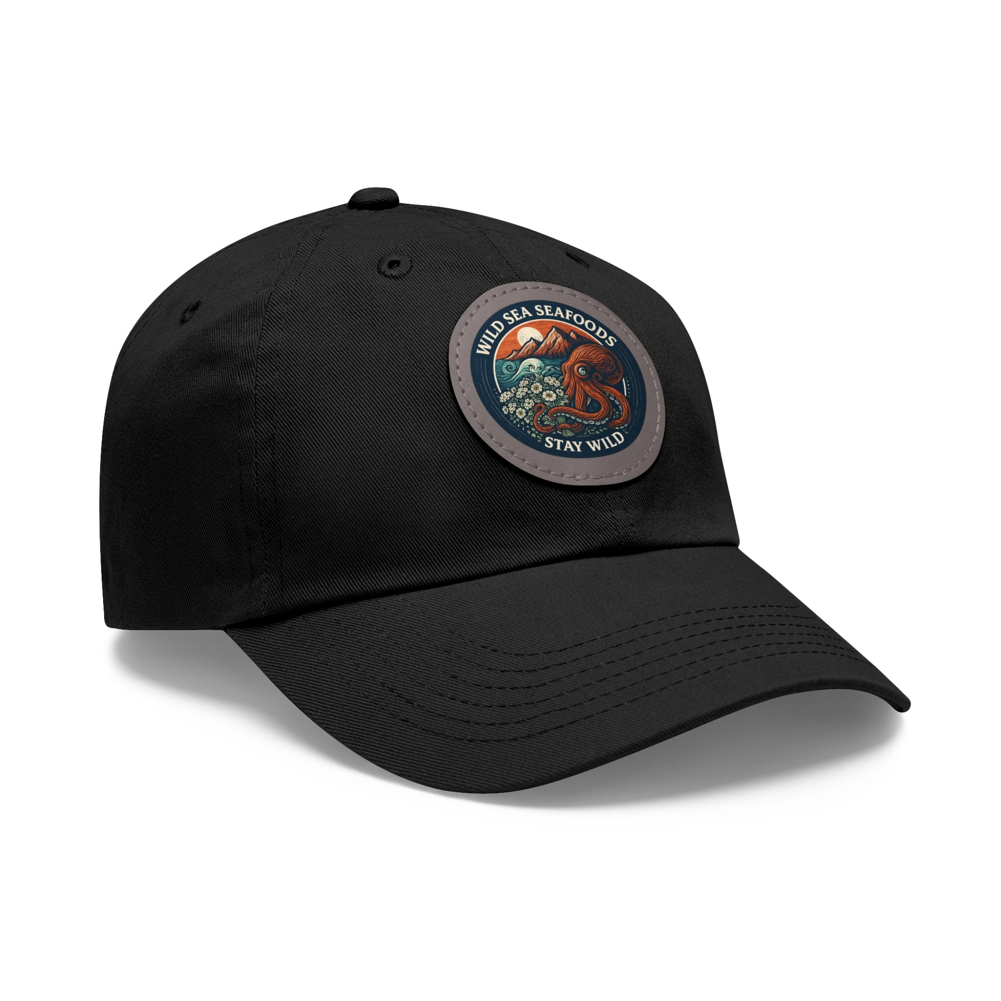 Octopus Leather Patch Dad Hat — "Wild Sea Seafoods" Round Patch Cap