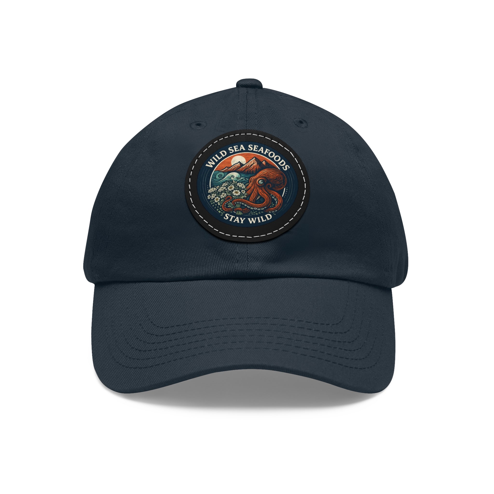 Octopus Leather Patch Dad Hat — "Wild Sea Seafoods" Round Patch Cap