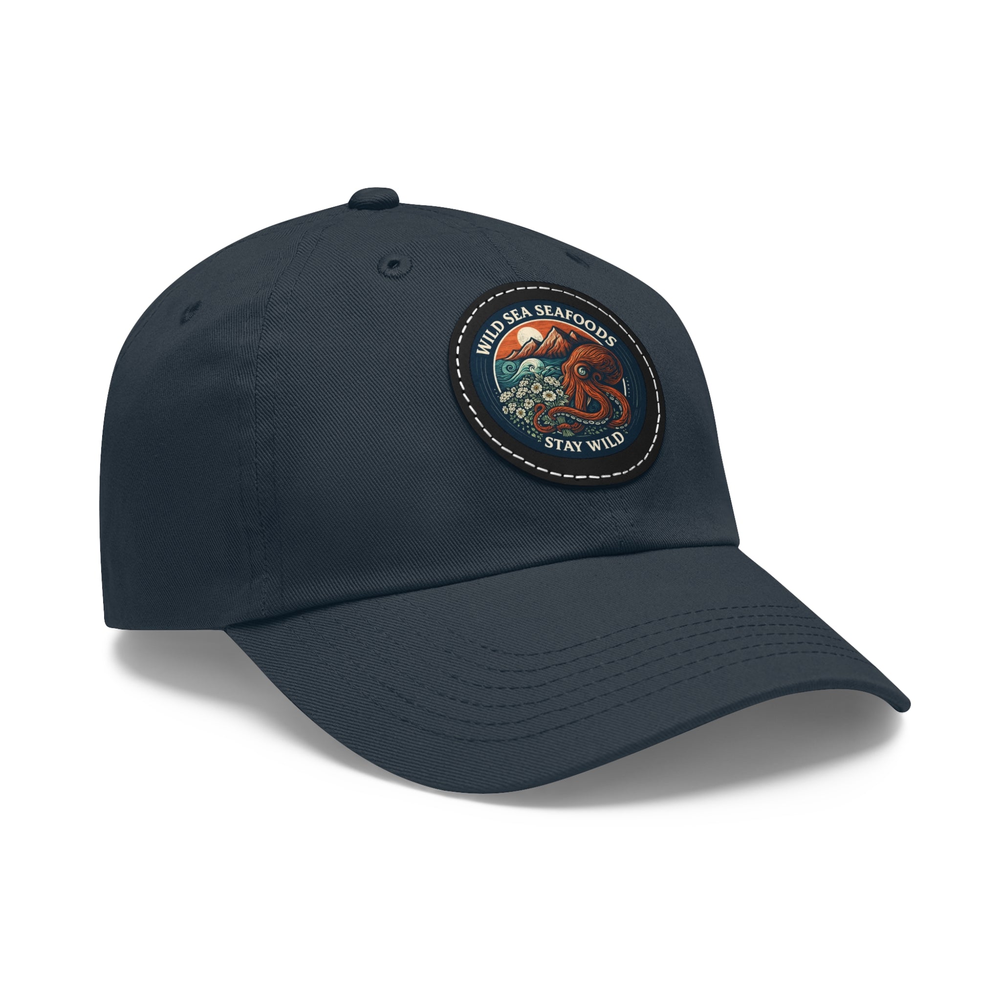 Octopus Leather Patch Dad Hat — "Wild Sea Seafoods" Round Patch Cap
