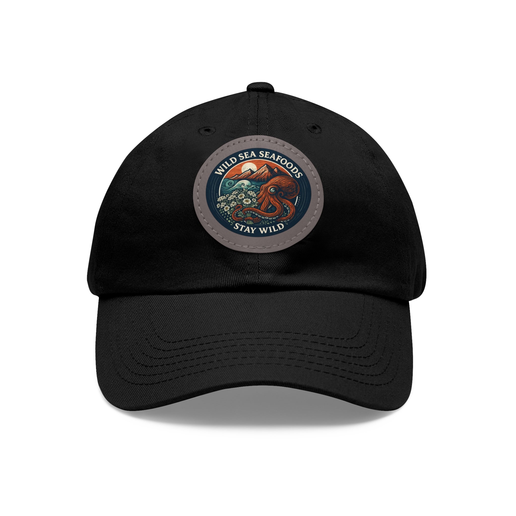 Octopus Leather Patch Dad Hat — "Wild Sea Seafoods" Round Patch Cap