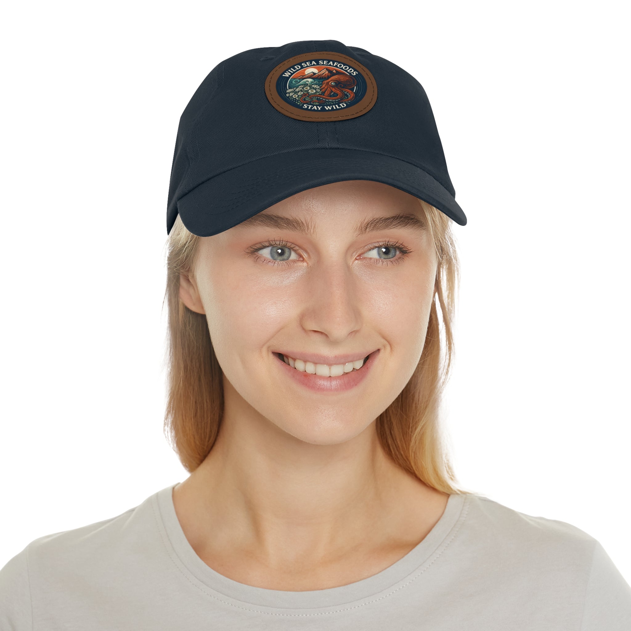 Octopus Leather Patch Dad Hat — "Wild Sea Seafoods" Round Patch Cap