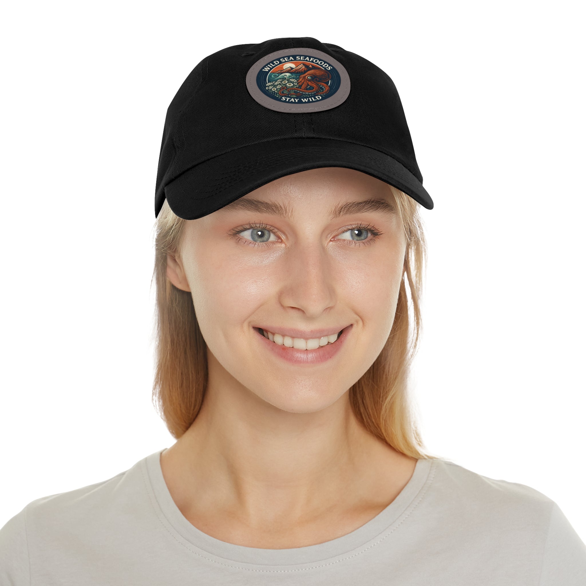 Octopus Leather Patch Dad Hat — "Wild Sea Seafoods" Round Patch Cap