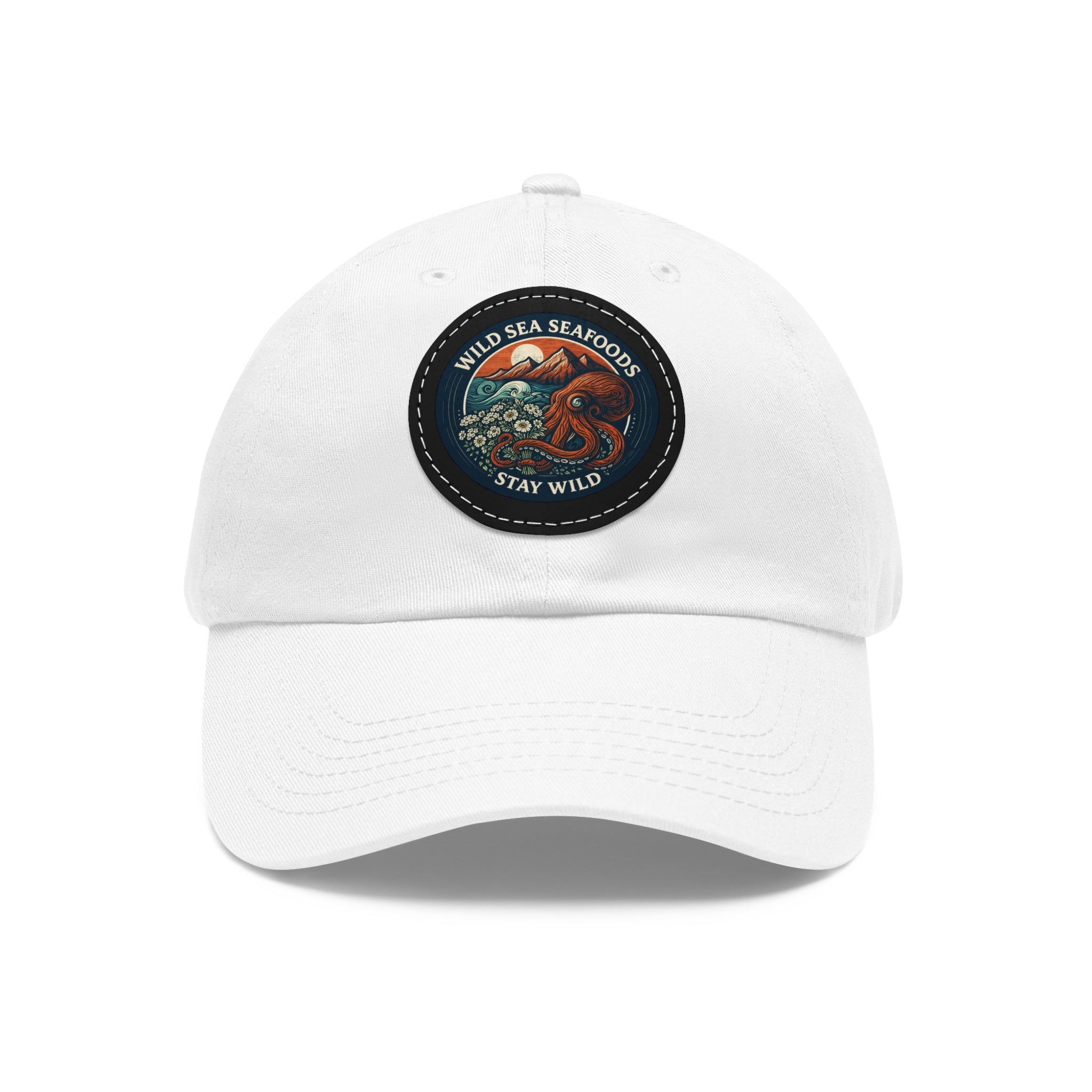 Octopus Leather Patch Dad Hat — "Wild Sea Seafoods" Round Patch Cap